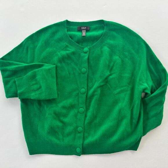 Aqua Cashmere Bright Grass Green Cardigan Size Large Button Front Crewneck - Picture 1 of 6